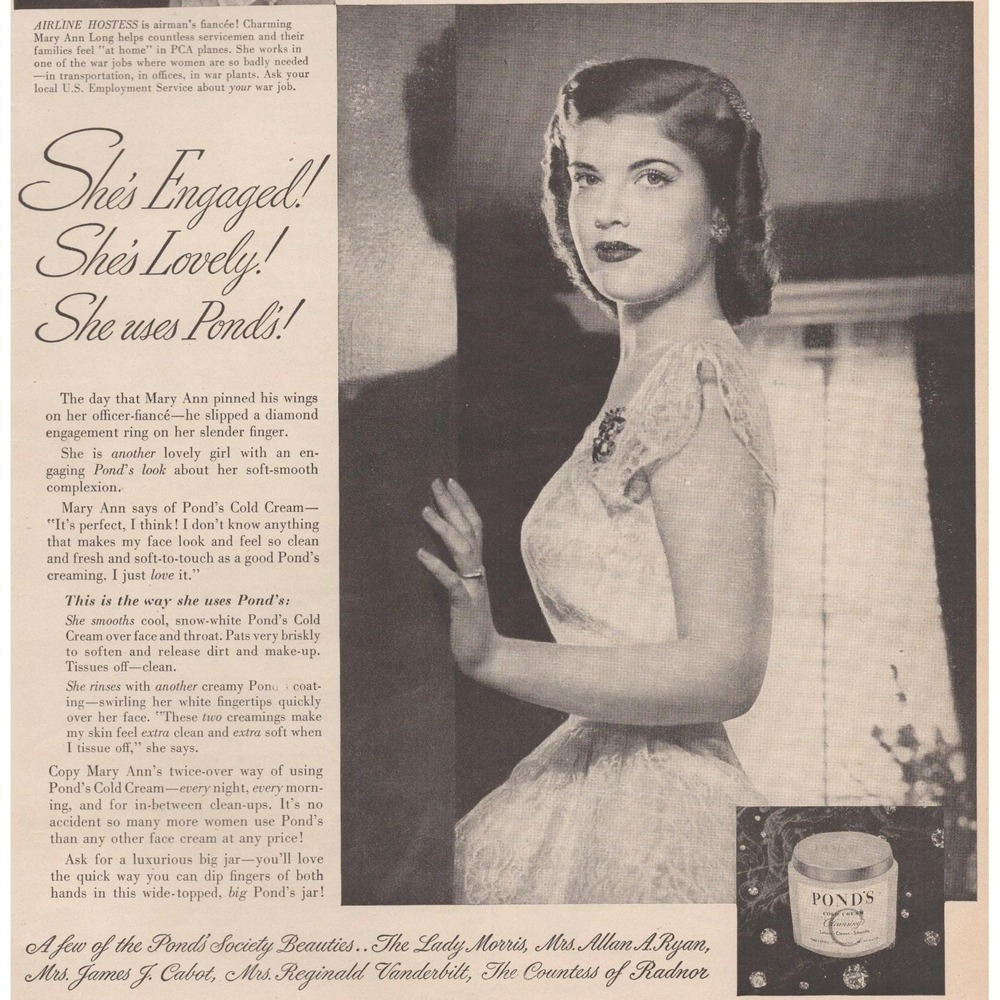 Vintage 1945 Pond's Cold Cream Vintage Print Ad WW2 Era Airline Beauty Decor